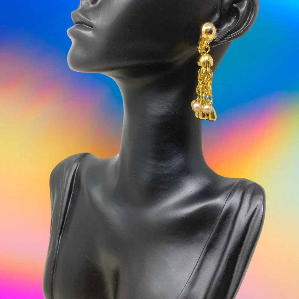 Vintage Gold Tone & Faux Pearl Chandelier Dangle Pierced Earrings Runway Couture